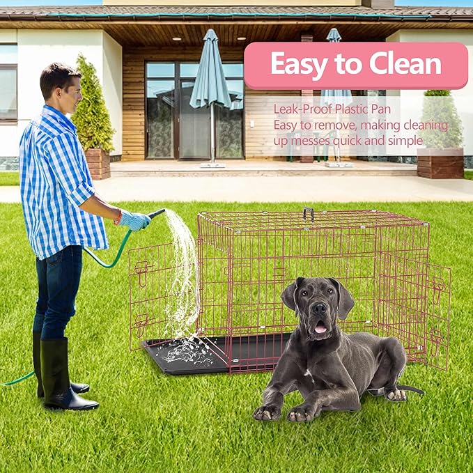 Foldable Double Door 48" Dog Crate with Leak-Proof Tray & Portable Dog Cage for Large Dogs - Collapsible, Indoor