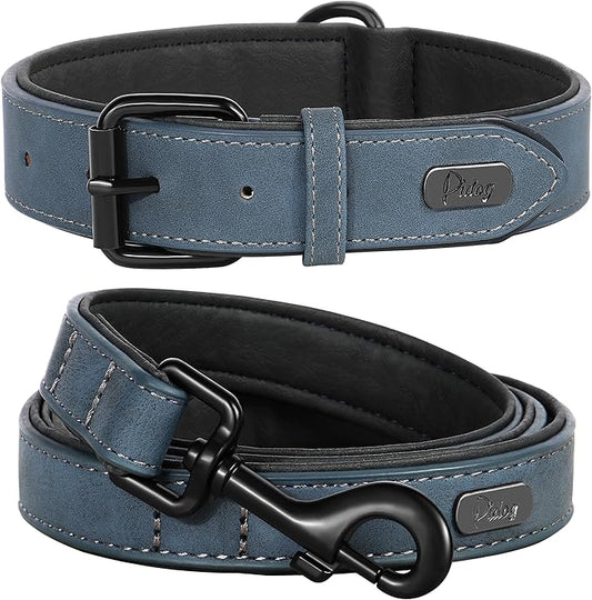 Didog Soft Padded Leather Dog Collar and Leash Set, Adjustable Dog Leash and Collar Set with Metal Buckle, Breathable Dog Collars with 4FT PU Leather Dog Leash for Medium Large Dogs, Blue, L