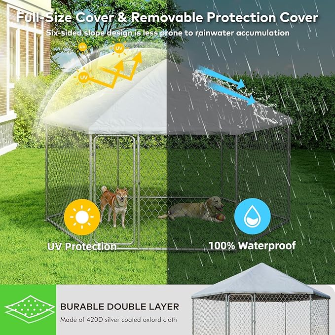 9.1'x9.1' Large Outdoor Dog Kennel for Outside with Heavy-Duty Steel Frame, Waterproof UV-Resistant Cover, Secure Lock, and Sturdy Enclosure Fence