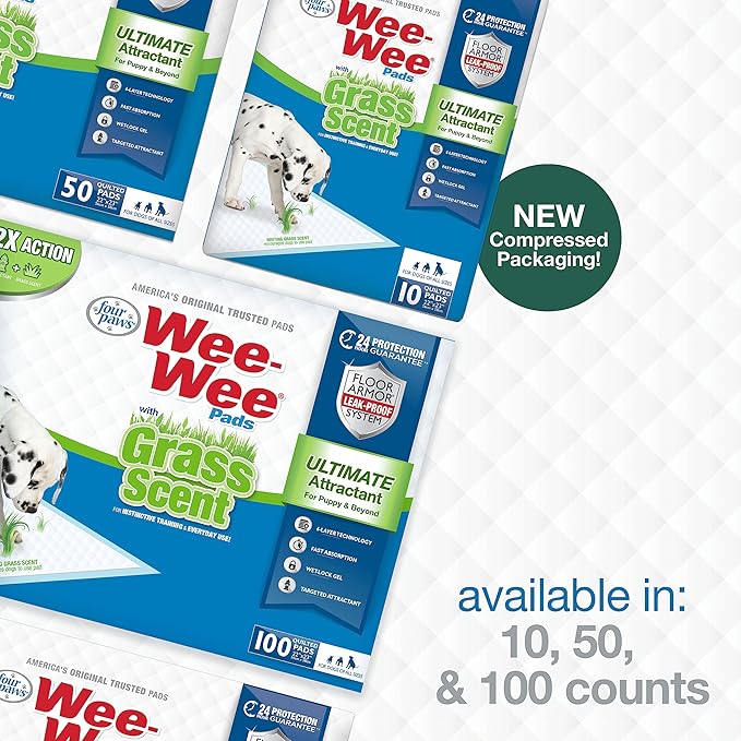 Four Paws Wee-Wee Ultimate Attractant Grass Scented Pee Pads for Dogs & Puppies, Leak-Proof Dog Housebreaking Instinctive Potty Training Floor Protection, 22" x 23", 10 Count