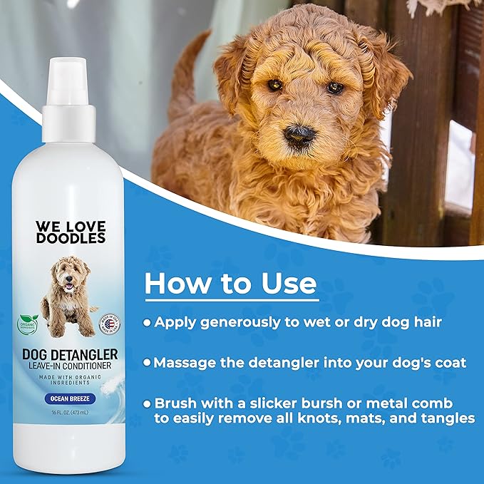 We Love Doodles Pin Brush for Dogs & Ocean Breeze Dog Detangler Spray Bundle - Brush for Removing Loose Fur & Dematting Spray Made in USA