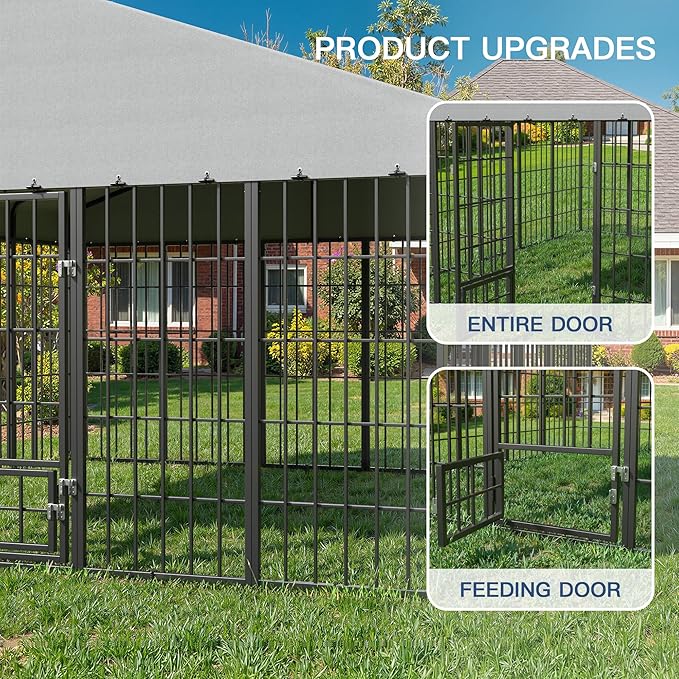 Kullavik 10x10x6 FT Large Outdoor Dog Kennel,Anti-Rust Galvanized Steel Dog Pen with Feeding Door & Double Locks,Heavy Duty Dog Enclosure Fence with UV-Resistant Waterproof Cover for Outside
