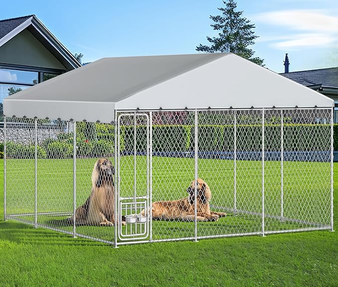 YITAHOME 14.8'x14.8' Large Outdoor Dog Kennel with Rotating Feeder Bowls, Outdoor Dog Enclosure with Roof, Heavy Duty Dog Cage for Large Dogs