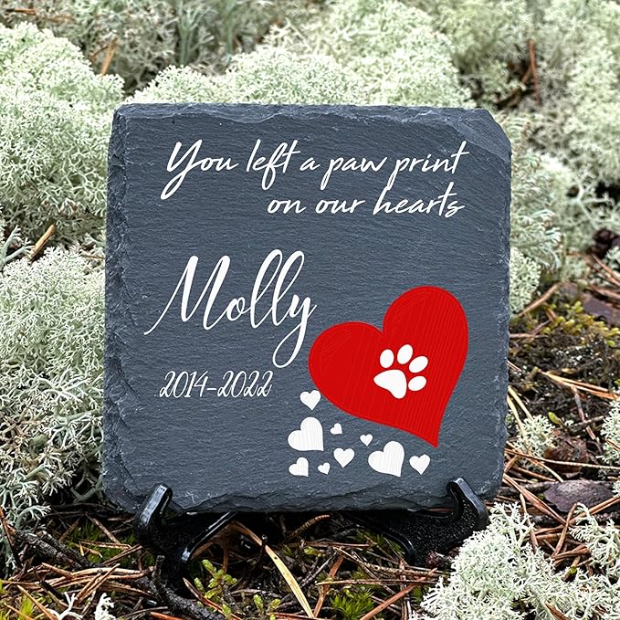 Personalized Individual Square Memorial Plaque + Stand for Pet Cat Dog Slate Stone Frame Paw Grave Marker - Size 3.94" x 3.94" or 100 x 100 mm - Red Heart