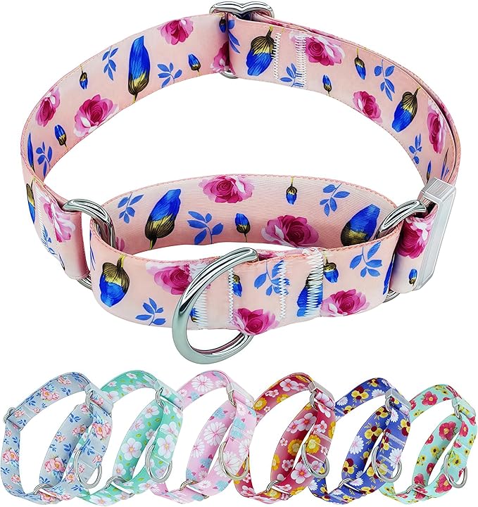 Martingale Dog Collar, Adjustable Soft No Pull Training Collar with No Buckle, Floral Pattern No Slip Martingale Collars for Small Dogs (3/4" Width S)