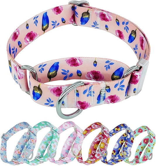 Martingale Dog Collar, Adjustable Soft No Pull Training Collar with No Buckle, Floral Pattern No Slip Martingale Collars for Medium Dogs (1" Width M)