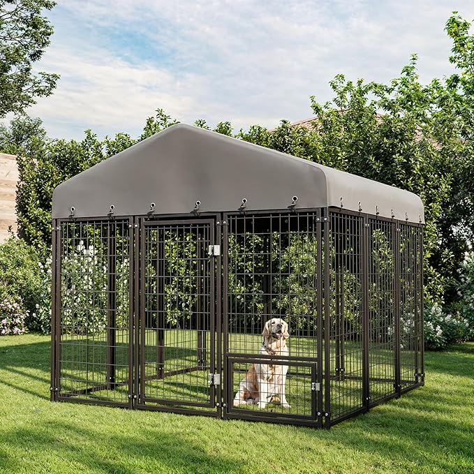 73"x70" Dog Kennel Outside, Large Outdoor Dog Kennel with Feeding Door and Double Lock, Heavy-Duty Weatherproof Dog Cage and Dog Fence with Roof, Outdoor for Large Dogs, Easy Assembly