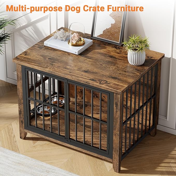 31.5" Dog Crate Furniture, Wooden Dog Kennel Indoor with 360° Rotating Feeder and 2 Adjustable Bowls, Decorative Side End Table Dog Cage for Medium and Small Dogs, Rustic Brown