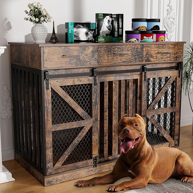 48'' Dog Crate Furniture with Divider&Storage Drawers, Wooden Double Dog Kennel Furniture End Table with Sliding Barn Doors, White Double Dog Crate TV Stand