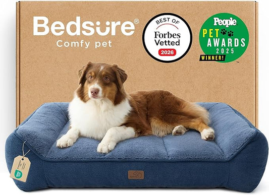 Bedsure SupportMax™ Orthopedic Dog Beds Large Sized Dog - As Seen on TV Extra Thick Supportive Large Dogs Bed with Waterproof Washable Cover, L Plus Comfort Pet Sofa with Soft Sherpa, Blue, 38"