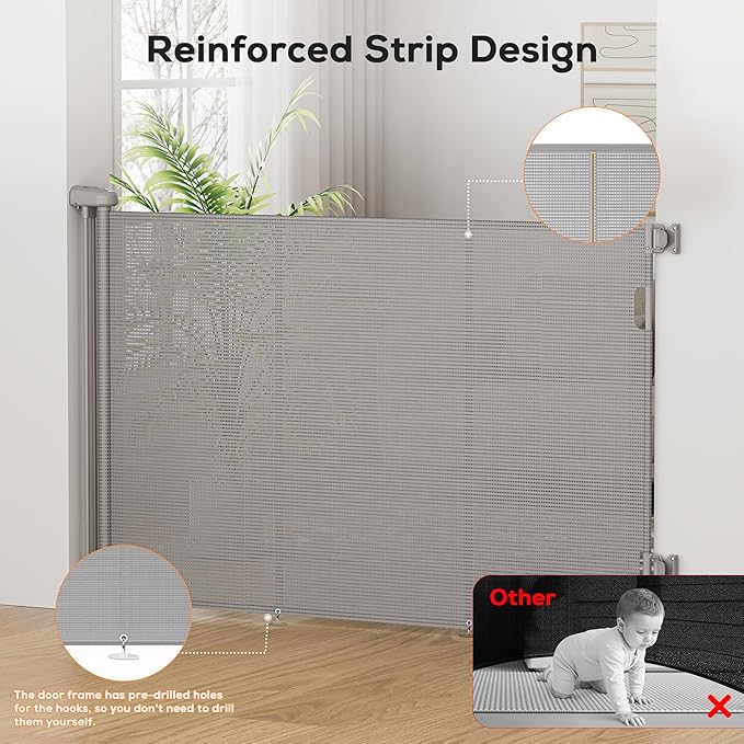 Retractable Baby Gate for Stairs, 48" Tall X 150" Wide Mesh Dog Gate Indoor, Child Gate for Doorways, Hallways, Deck, Indoor Outdoor Pet Baby Safety Essentials for Home, Gray