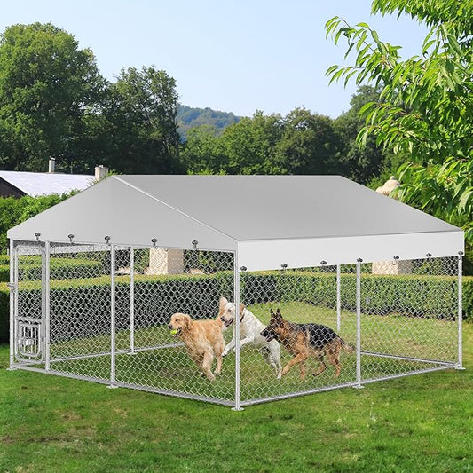 YITAHOME 10'x10' Large Outdoor Dog Kennel with Rotating Feeder Bowls, Outdoor Dog Enclosure with Roof, Heavy Duty Dog Cage for Large Dogs