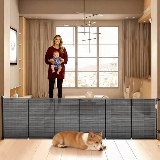 Retractable Baby Gate for Stairs, 42" Tall X 150" Wide Mesh Dog Gate Indoor, Child Gate for Doorways, Hallways, Deck, Indoor Outdoor Pet Baby Safety Essentials for Home, Black