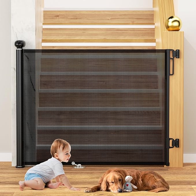 Uamector Retractable Baby & Dog Gate, Adjustable Mesh Safety Gate Extends to 72" Wide 34" Tall for Stairs Doorways, Indoor Outdoor Use