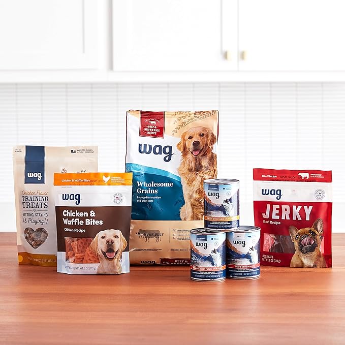 Amazon Brand – Wag Chewy Whole Muscle American Jerky Dog Treats – Chicken & Flaxseed (1 lb), Grain Free