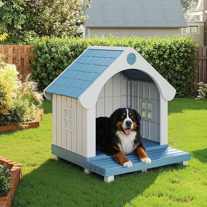 DRATO Large Dog House Outdoor Indoor, Sturdy Plastic Waterproof Doghouse with Air Vents and Elevated Floor, Easy Clean & Assemble for Medium Large Dogs (Blue, 33" L×31.5" W×38" H)