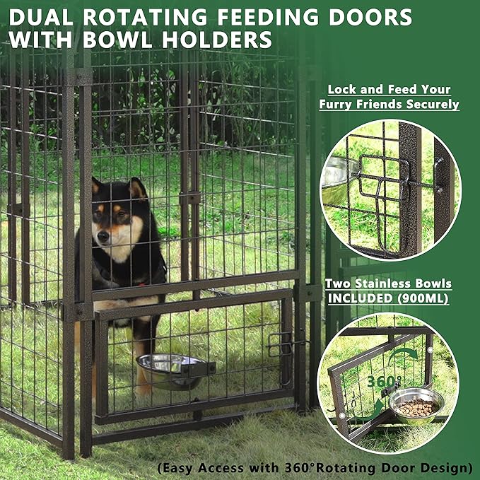 MUPATER Dog Kennel Outdoor Indoor with Roof and Rotating Feeding Doors, Large Metal Dog Pen Enclosure House Heavy Duty with Canopy, Door, 2 Bowl Holders and Bowls, 4.5'L x 4.5'W x 4.8'H