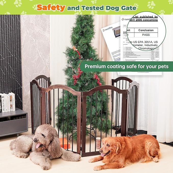 PrimeZone 144" Extra Wide Dog Gate - 6-Panel 30" Tall Solid Acacia Wooden Freestanding Puppy Gates with Door, Foldable Indoor Pet Fence for Doorways, Stairs, Support Feet Included, Brown