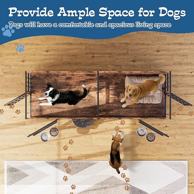 Grepatio 79" Double Dog Crate Furniture for 2 Dogs, Large Dog Kennel with 360° Rotating Feeder Bowls, Indoor Double Dogs Crates with 4 Doors, Wooden Dog Crate TV Stand with Removable Divider