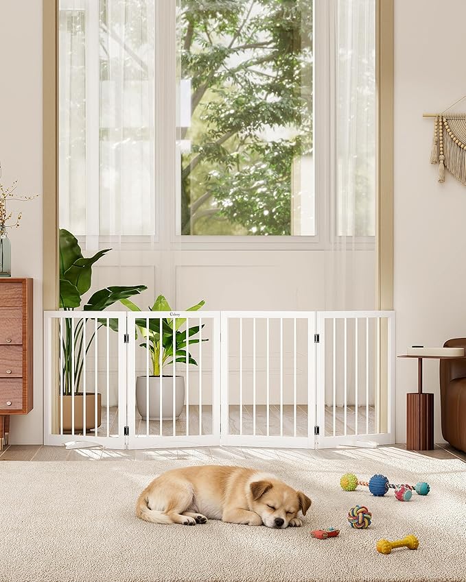 Free Standing Dog Gate Indoor, Foldable Dog Gate for Doorways Stairs Hallways,4-Panel Freestanding Pet Gate with Support Feet for Stability, Folding Puppy Gate Easy to Move, Doggy Gate 72"x24"