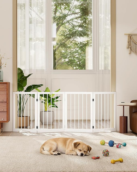 Free Standing Dog Gate Indoor, Foldable Dog Gate for Doorways Stairs Hallways,4-Panel Freestanding Pet Gate with Support Feet for Stability, Folding Puppy Gate Easy to Move, Doggy Gate 72"x24"