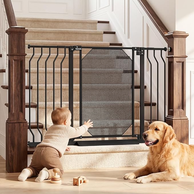 29.5-48" Baby Gate for Stairs, Pressure Mount No Drill, Lift to Unlock Child Proof, One-Hand Auto Close Walk Through Pet Dog Gate for Doorways, Fits 4 Different Width Ranges, Black