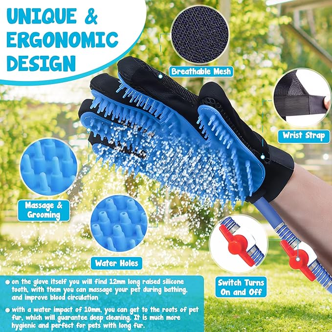 Dog Bath Glove & Sprayer – 3-in-1 Pet Bathing Tool for Washing, Scrubbing & Deshedding – Connects to Garden Hose – Adjustable Water Pressure – Easy Rinse Dog Shower – Gift for Dog Owners
