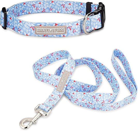 Lucky Love Dog Dog Collar, Leash Set Small, Premium, Cute and Adjustable Collars for Male and Female Dogs, Winterblue Combo, Small