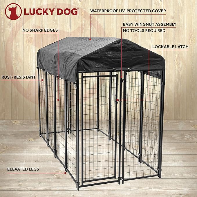 Lucky Dog 8' x 4' x 6' Large Outdoor Steel Frame Kennel and Playpen Enclosure with Black Canopy, Uptown Series - Heavy-Duty Pet Shed for Home and Yard - Protection from Sun, Snow, and Rain