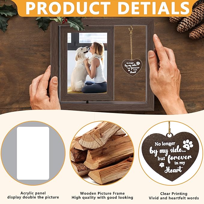 Pet Memorial Gifts for Loss of Dogs, Rotating Wooden Picture Frame for 4x6 Photo, Dog Memorial Sympathy Gifts for Dogs Cats, DIY Pet Loss Frame for Owners, Dog Funeral Remembrance Gift, Brown