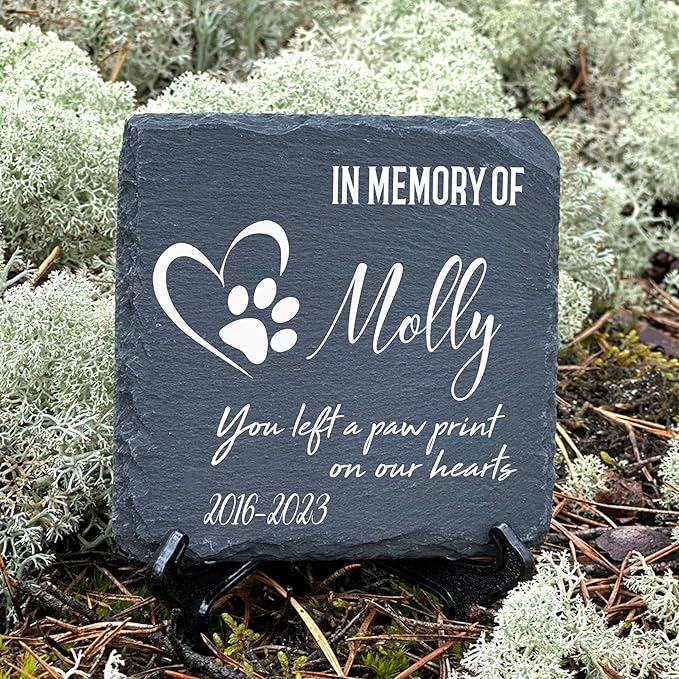 Personalized Individual Square Memorial Plaque + Stand for Pet Cat Dog Slate Stone Frame Paw Grave Marker - Size 3.94" x 3.94" or 100 x 100 mm - Paw Print