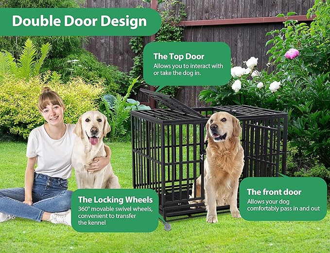 48'' Heavy Duty Dog Crate for Medium and Large Dogs Thickened Metal Dog Cage with Wheels, Double Doors & Locks Design Escape Proof, Indoor Large Dog Crate Heavy Duty Stackable Dog Kennel with Tray
