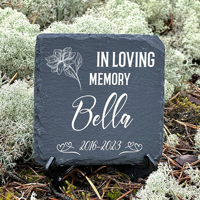 Personalized Individual Square Memorial Plaque + Stand for Pet Cat Dog Slate Stone Frame Paw Grave Marker - Size 3.94" x 3.94" or 100 x 100 mm - in Loving Memory