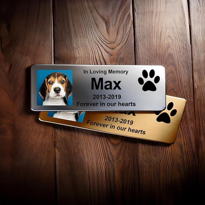 Custom Pet Memorial Nameplate for Urns & Ashes Boxes, Personalized Stainless Steel Adhesive Backing Badge Remembrance Tags (Text + Photo)