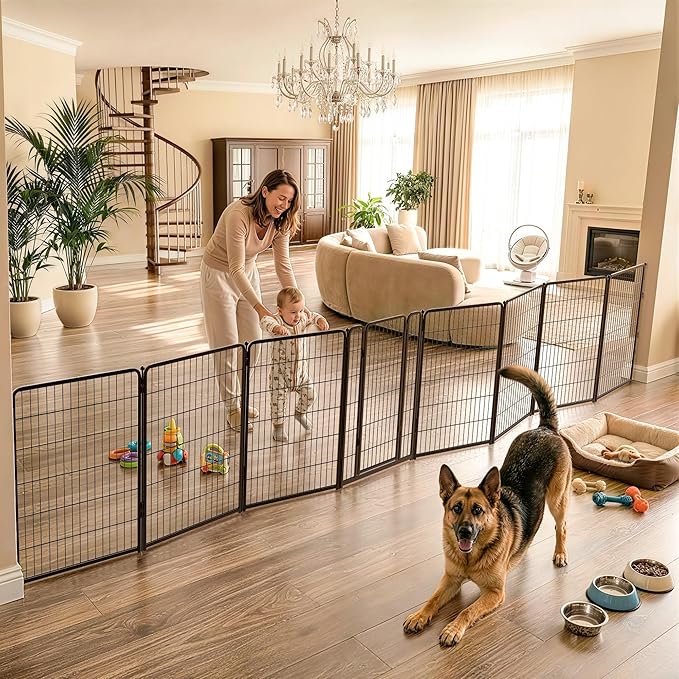 FXW Dog Gate Extra Wide Designed for Indoor Use, Adjustable Width Up to 219-inch Wide (45" H 8 Wire Panels for Large Dogs), Black