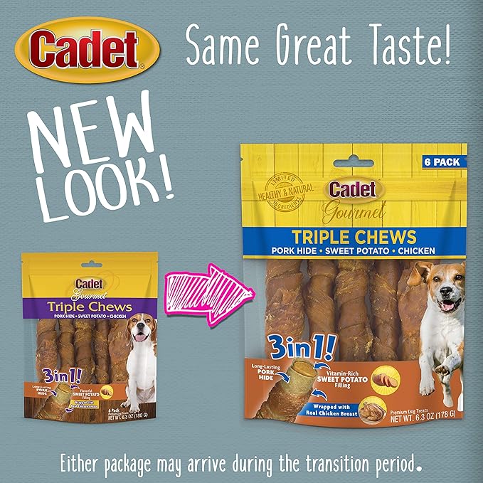 Cadet Gourmet Triple Chews Long-Lasting Pork Hide Sticks with Sweet Potato and Chicken, Healthy Dog Treats for Small & Large Dogs, 6 Count