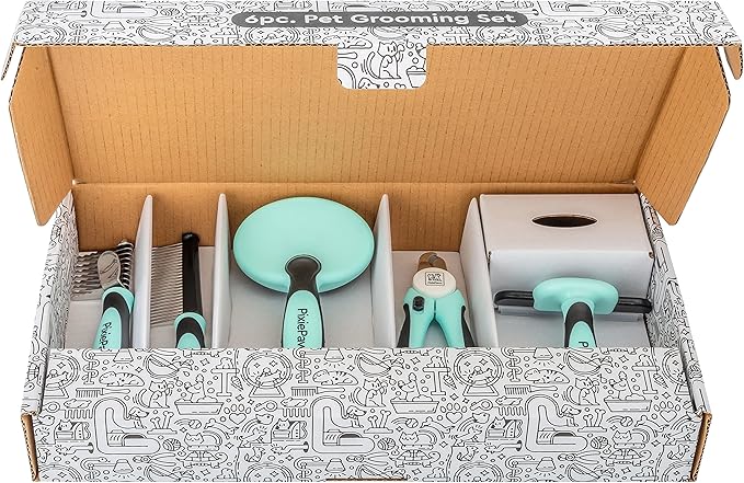 Pixie Paws Grooming Pet Brush 6 Piece Set, Dog and Cat Kit, Dematting Comb, Deshedding Fur, Toothbrush Clean Teeth, Remove Knot Tangles, Nail Clippers, Comfortable Handle - 530004E
