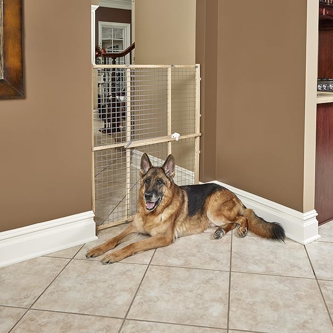 Midwest Homes for Pets Wire Mesh Pet Safety Gate, Dog Gate Expands to 50 Inches Wide, 44 Inches Tall, No Damage to Walls, Natural Wood and Powder Coated Wire
