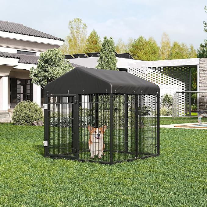 Outdoor Dog Kennel Steel Ideal Dog Fence for Small Dogs Anti-Rust Coating Cage with Roof All Weather Resistant Dog House with Double Locks(4.2'L x 4'W x 4.5'H)