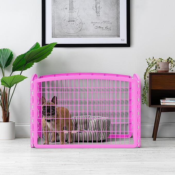 IRIS USA 24" Exercise 4-Panel Pet Playpen, Puppy Pet Small Medium Dog Pen Keep Pets Secure Easy Assemble Rust-Free Heavy-Duty Molded Plastic Customizable, Pink