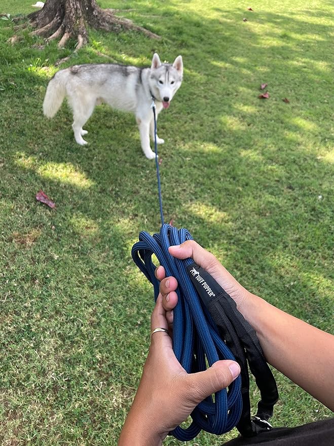 Tuff Pupper Heavy Duty 30 Foot Long Rope Leash for Dogs | Dog Recall Training Lead | High Visibility Strong Climbing Rope Leash | Hand or Waist Worn | Stainless Steel 360° Clips for Tangle Free Use