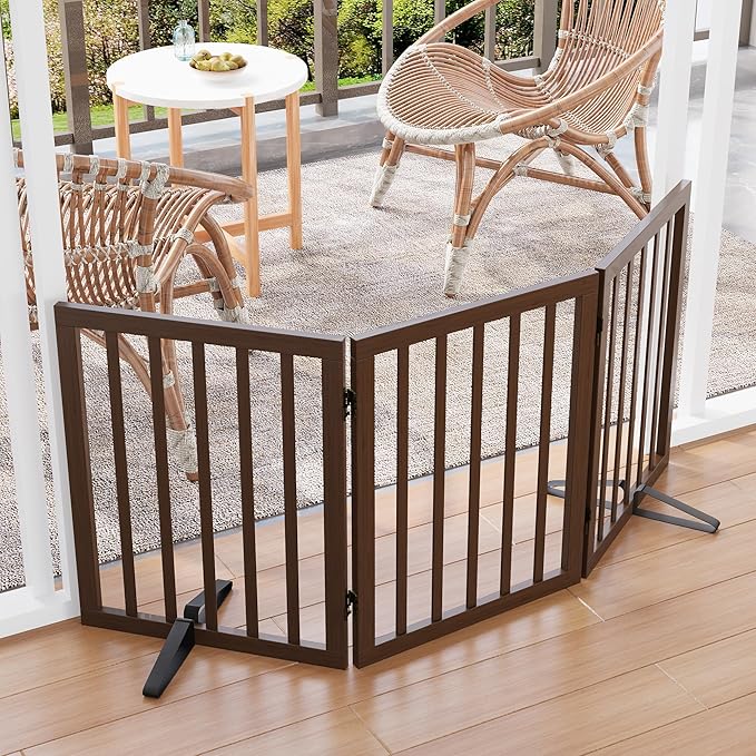 Freestanding Dog Gates Indoor, 3-Panel Pet Gates with 2 Metal Stands and 360° Hinge, 24" H Foldable Dog Gate for Stairs, Doorway, Kitchen, Expands Up to 55" Fully Assembled - Black Walnut