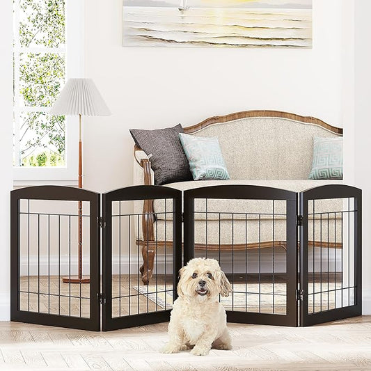 Dog Gate - 4 Panel Foldable Pet Gate Indoor for Doorways, House, Stairs, Freestanding Gate for Dogs - 80x24 -Inch Puppy Safety Fence by PAWLAND, Espresso