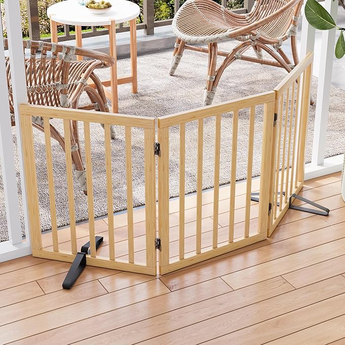 Semiocthome Bamboo Freestanding Dog Gates for Doorways, 3-Panel Indoor Puppy Gates for The House with 2 Metal Stands, 24"(H) Folding Pet Gate for Stairs Expands Up to 55"(W) No Installation Resquired