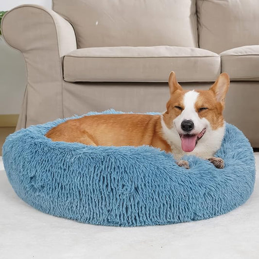 Calming Donut Dogs Beds for Small Dogs Washable,28inch Plush Round Pet Bed for Cozy Sleep,Fluffy Faux Fur Large Cat Bed,Fits up to 30 lbs Pets,Washed Blue