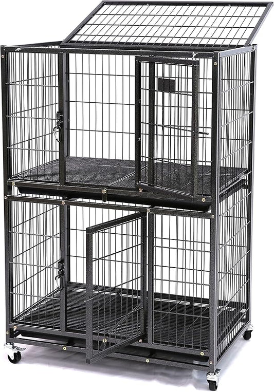 Homey Pet 31 Inch Two Tiers Heavy Duty Dog Crate Cage Kennel with Four Lockable Wheels, Removable Tray, Escape Proof Wire Drop Dog Crates for Small Dogs
