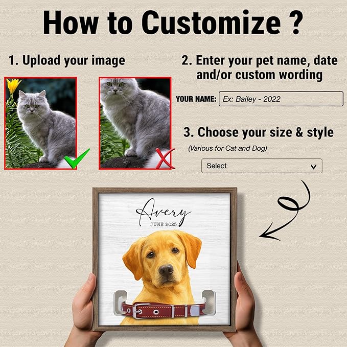 Dog Collar Memorial Frame with Custom Pet Portrait – Minimalist Pet Loss Picture Frame with Name and Date – Personalized Dog Memorial Gift with Collar Holder