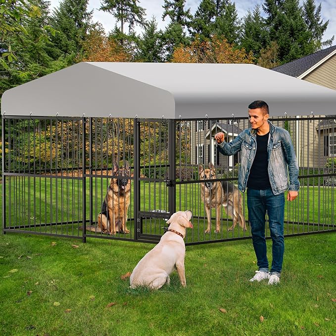 10x10x6 FT Outdoor Dog Kennel with Roof, Heavy-Duty Large Dog Cage with Lock, Waterproof Cover & Bowls, Pet Enclosure for Medium & Large Dogs