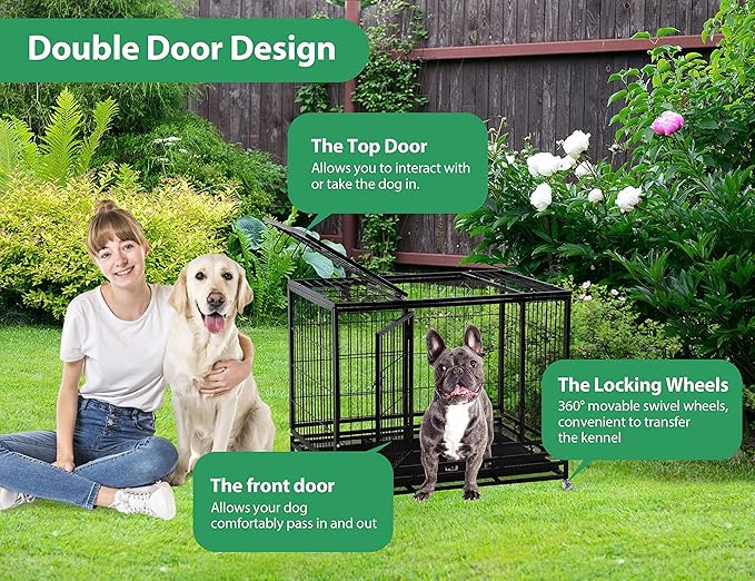 36'' Heavy Duty Dog Crate for Medium and Large Dogs Double Doors & Locks Design Escape Proof Strong Metal Dog Cage with Wheels, Indoor Large Dog Crate Heavy Duty Stackable Dog Kennel with Tray