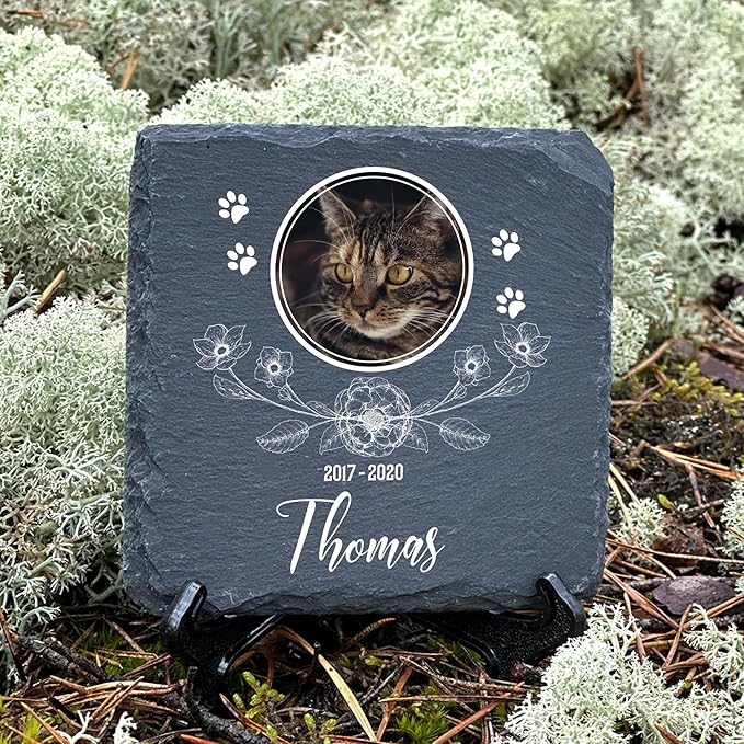 Personalized Individual Square Memorial Plaque + Stand for Pet Cat Dog Slate Stone Frame Paw Grave Marker - Size 3.94" x 3.94" or 100 x 100 mm - Floral